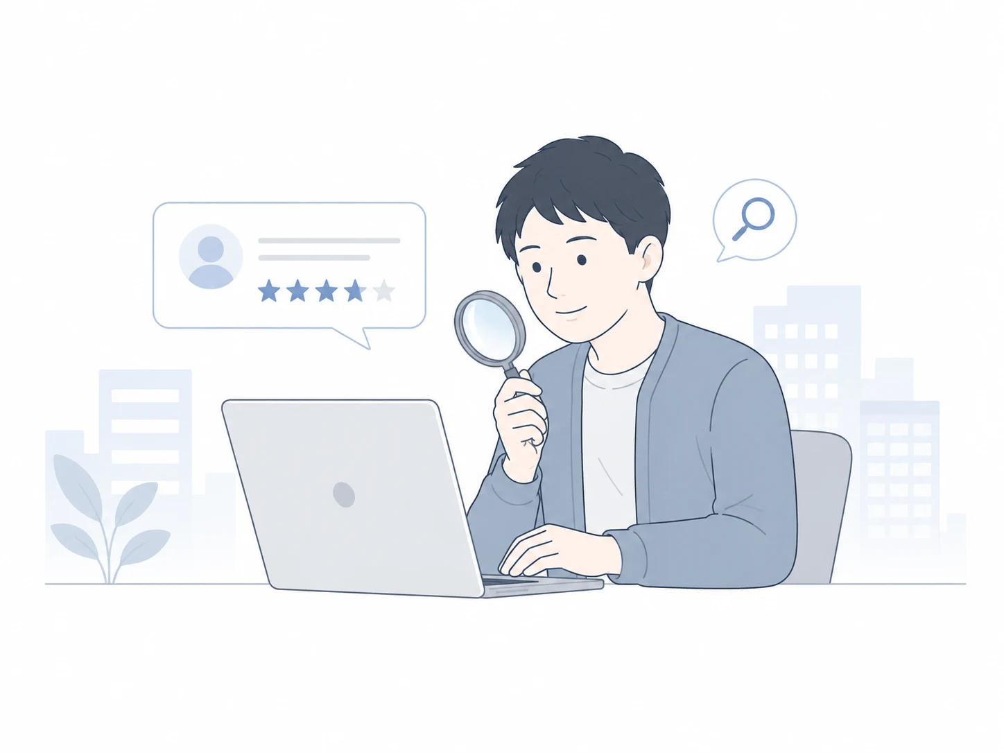 口コミや評判を確認しながらサービスを調べるエンジニア